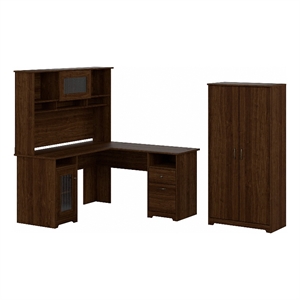 Bush Furniture Cabot L Desk w/ Hutch & Tall Cabinet in Walnut - Engineered Wood