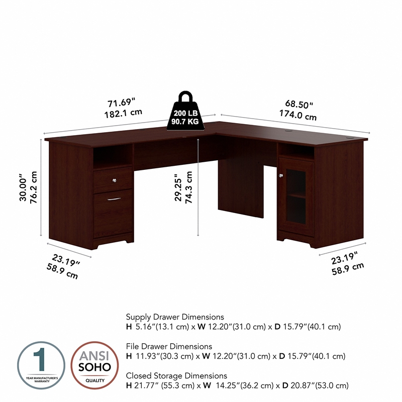 Bush Furniture Cabot 72W L Shaped Desk in Harvest Cherry Engineered Wood