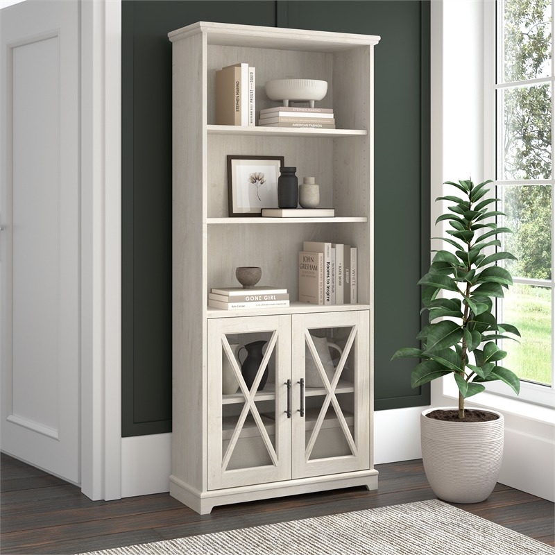 Lennox 5 Shelf Bookcase with Glass Doors in Linen White Oak - Engineered Wood