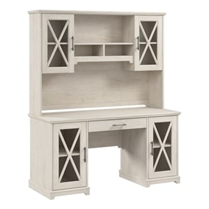Lennox Desk with Hutch and Keyboard Tray in Linen White Oak - Engineered Wood