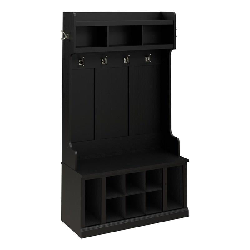 Woodland 40W Hall Tree and Shoe Bench w/ Shelves in Black Oak - Engineered Wood