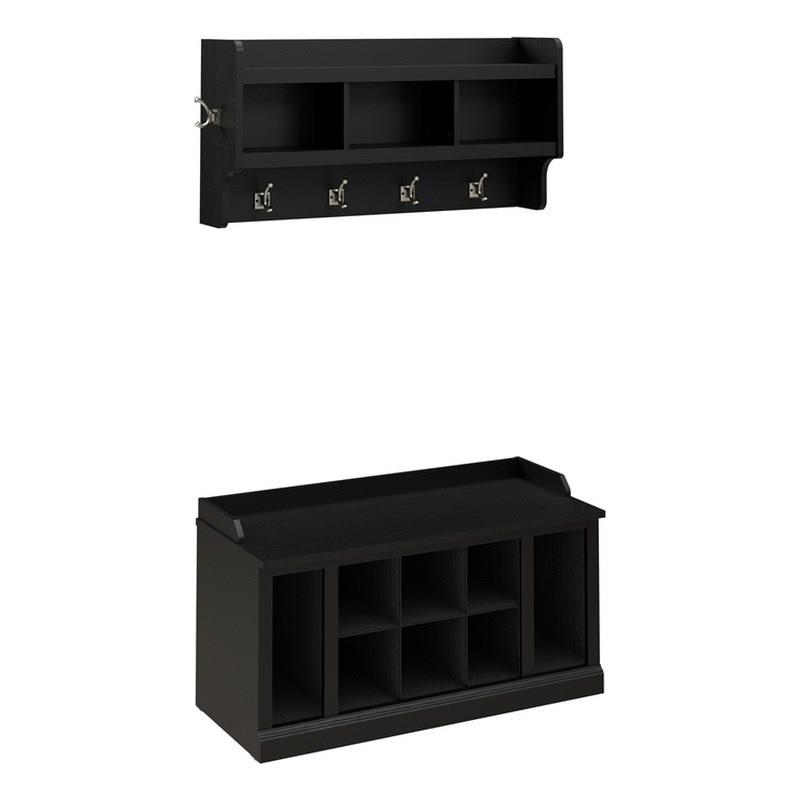Woodland 40W Shoe Bench w/ Shelves and Coat Rack in Black Oak - Engineered Wood