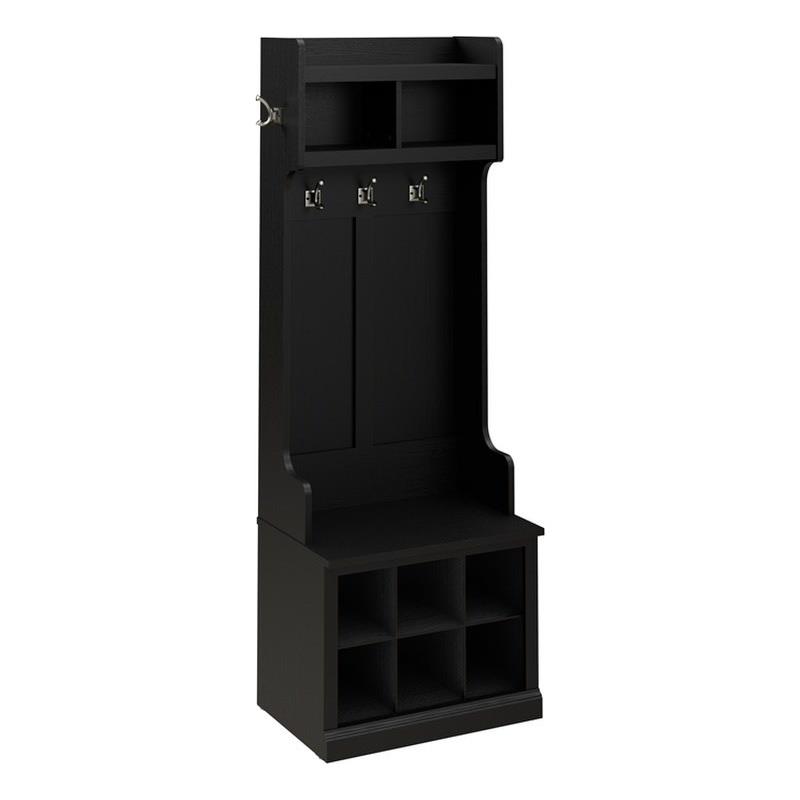 Woodland 24W Hall Tree & Shoe Bench w/ Shelves in Black Oak - Engineered Wood