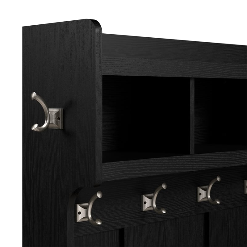 Woodland Entryway Bench with Doors and Wall Shelf in Black Oak - Engineered Wood