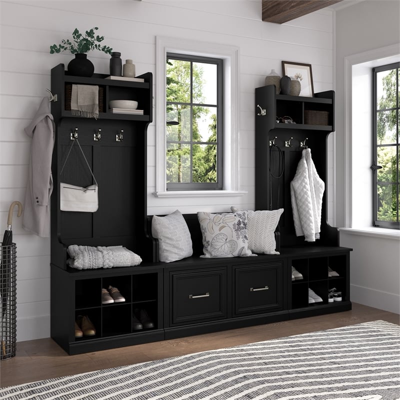 Woodland Entryway Storage Set with Doors in Black Suede Oak - Engineered Wood