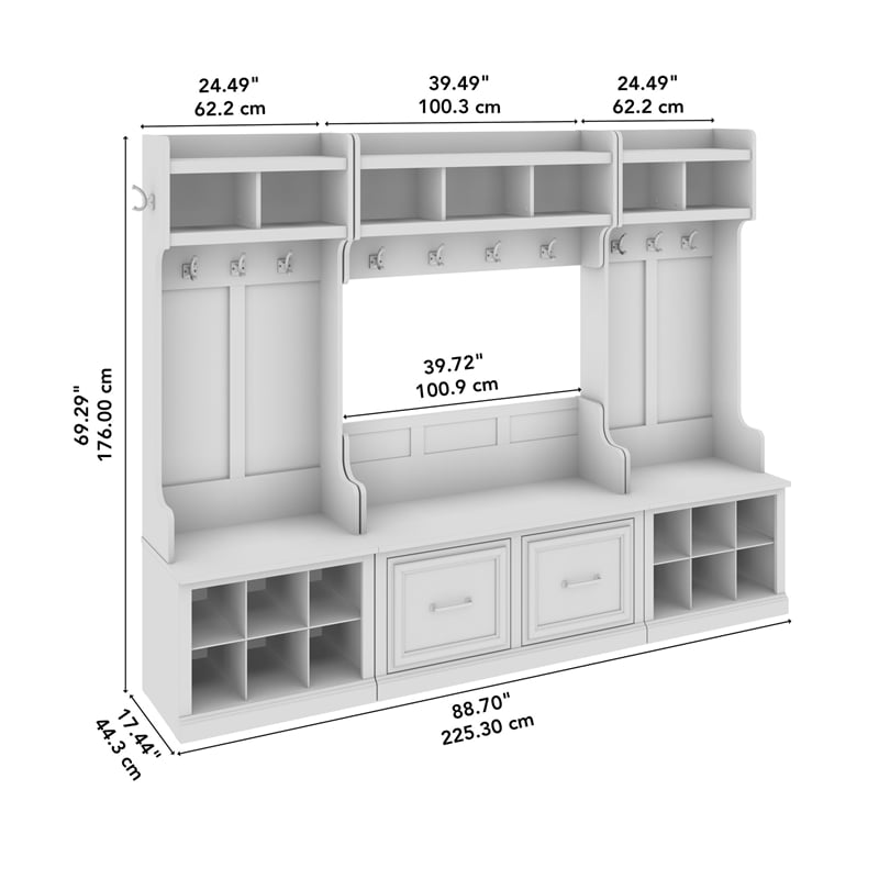 Full Entryway Storage Set with Coat Rack and Shoe Bench with Drawers in Black Suede Oak Bush Furniture