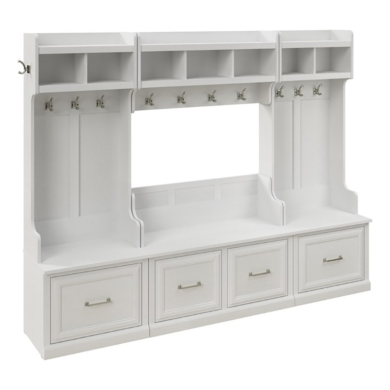 Bush Furniture Key West Entryway Storage Set with Hall Tree, Shoe Bench and 2 Door Cabinet Washed Gray