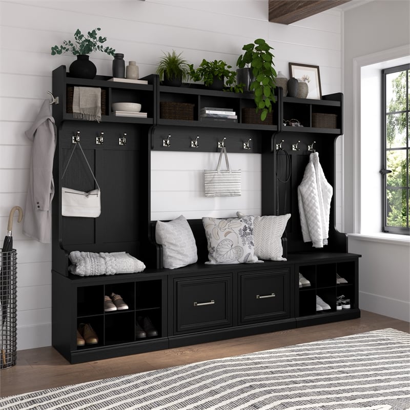 Woodland 40W Shoe Storage Bench with Shelves in Black Oak - Engineered Wood
