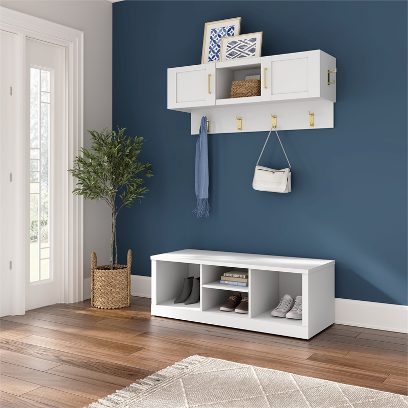 Hampton Heights 48W Shoe Bench and Wall Coat Rack in White - Engineered Wood