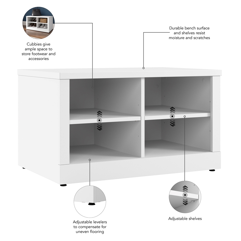 Hampton Heights 30W Shoe Bench in White - Engineered Wood