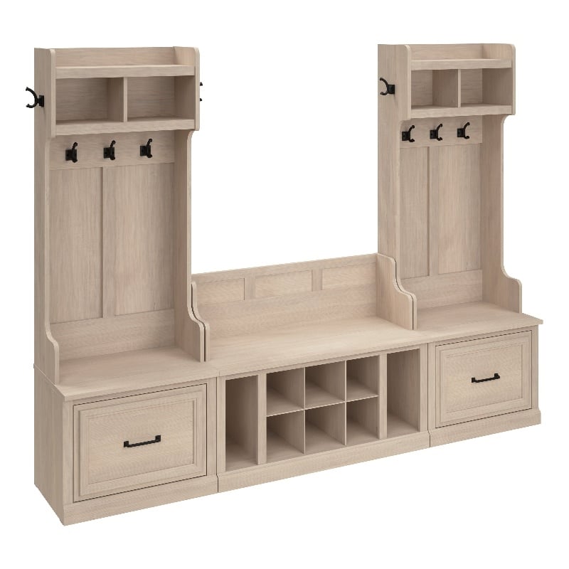 Bush Furniture Key West Entryway Storage Set with Hall Tree, Shoe Bench and 2 Door Cabinet Washed Gray