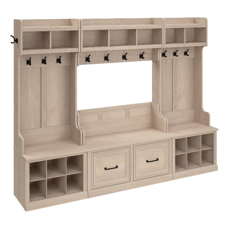 Bush Furniture Key West Entryway Storage Set with Hall Tree, Shoe Bench and 2 Door Cabinet Washed Gray