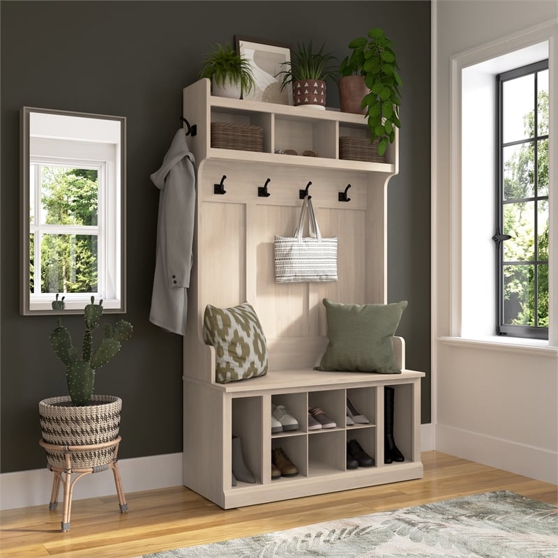 Woodland 40W Hall Tree & Shoe Bench w/ Shelves in White Maple - Engineered Wood