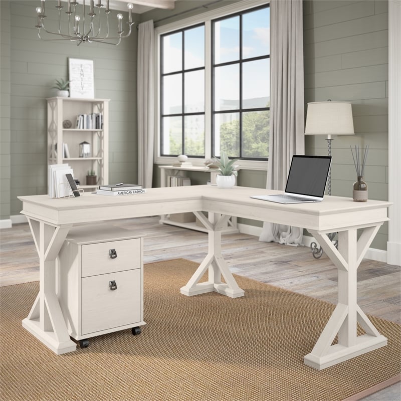Homestead 60W Farmhouse L Shaped Desk in Linen White Oak - Engineered Wood