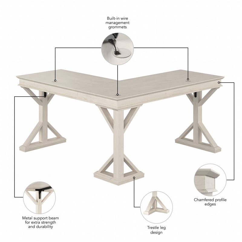 Homestead 60W Farmhouse L Shaped Desk in Linen White Oak - Engineered Wood