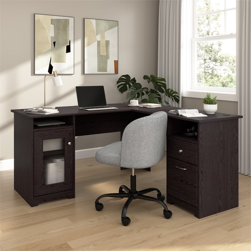 Cabot 60W L Shaped Computer Desk with Storage in Espresso Oak - Engineered Wood