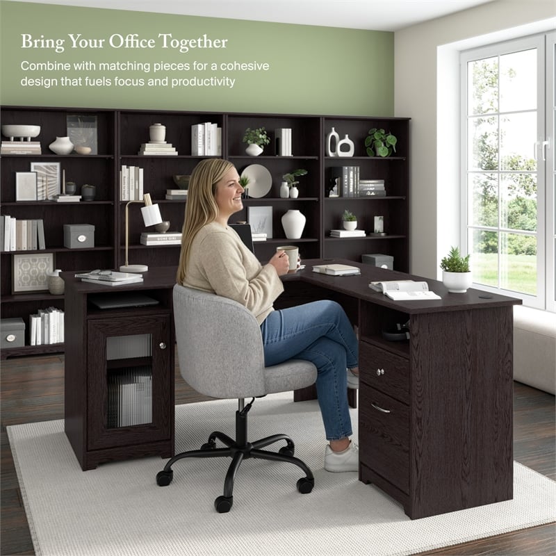 Cabot 60W L Shaped Computer Desk with Storage in Espresso Oak - Engineered Wood