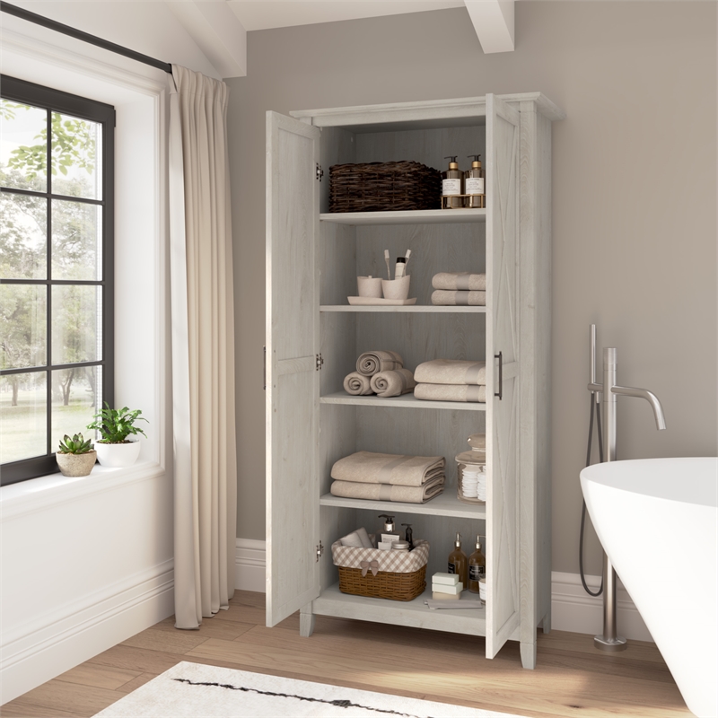Key West Tall Bathroom Cabinet with Doors in Linen White Oak - Engineered Wood
