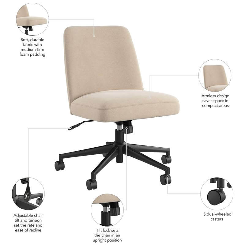 Serenity Mid Back Armless Office Chair with Wheels in Soft Beige Fabric