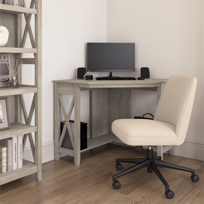 Key West 34W Small Corner Desk and Chair Set in Washed Gray - Engineered Wood