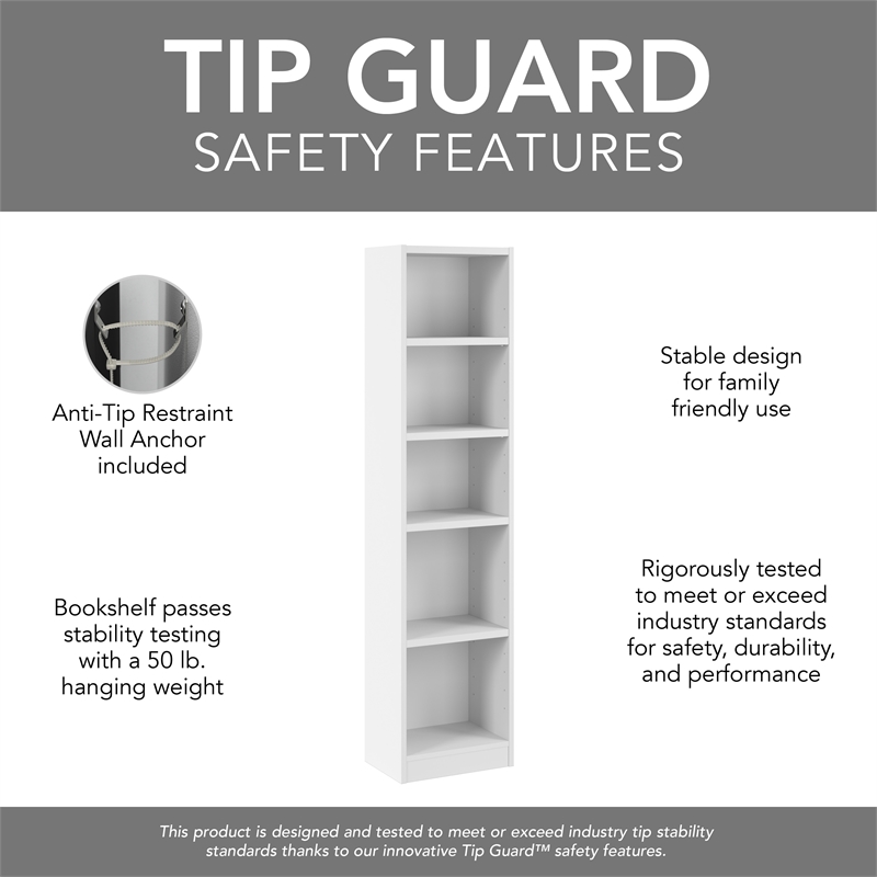 Universal 17W Narrow 5 Shelf Bookcase in White - Engineered Wood