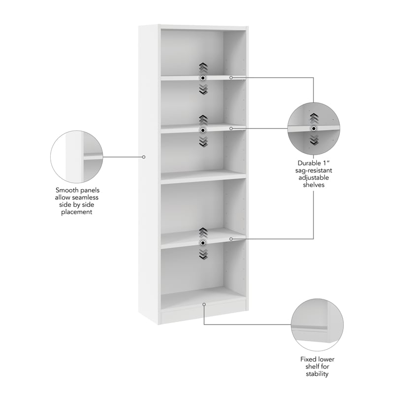 Universal 25W Tall 5 Shelf Bookcase in White - Engineered Wood