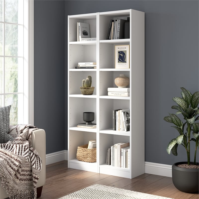 Universal 17W Narrow 5 Shelf Bookcase Set in White - Engineered Wood