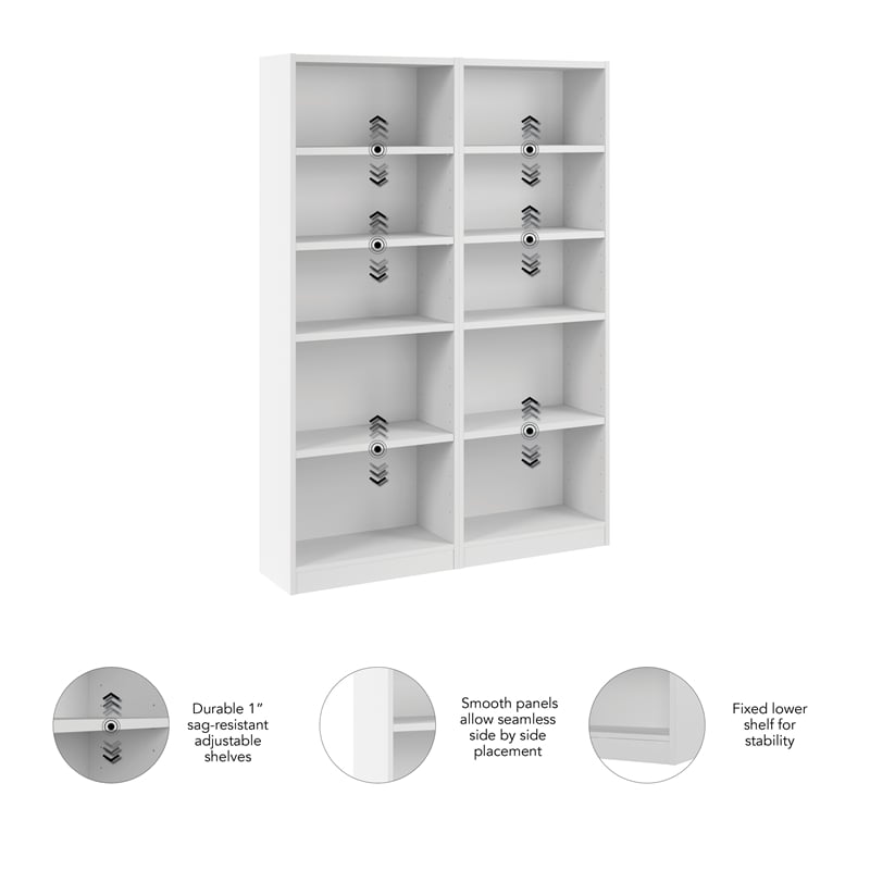 Universal 25W Tall 5 Shelf Bookcase Set in White - Engineered Wood