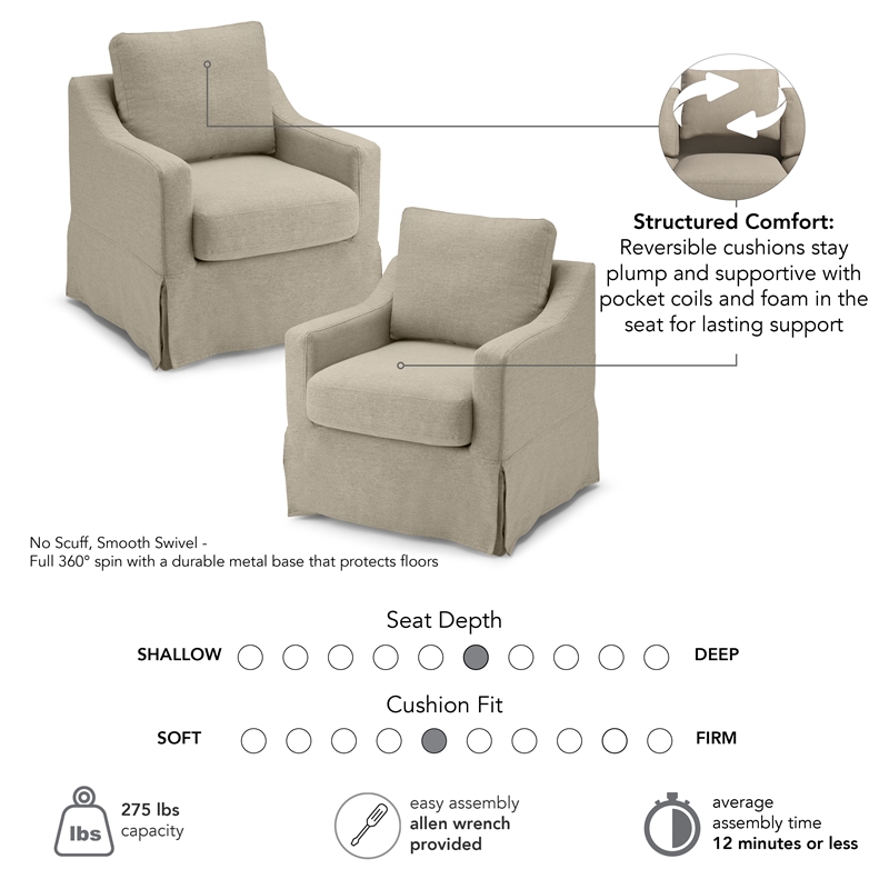 Harper Swivel Accent Chairs with Slipcovers - Set of 2 - Sand Basketweave Fabric