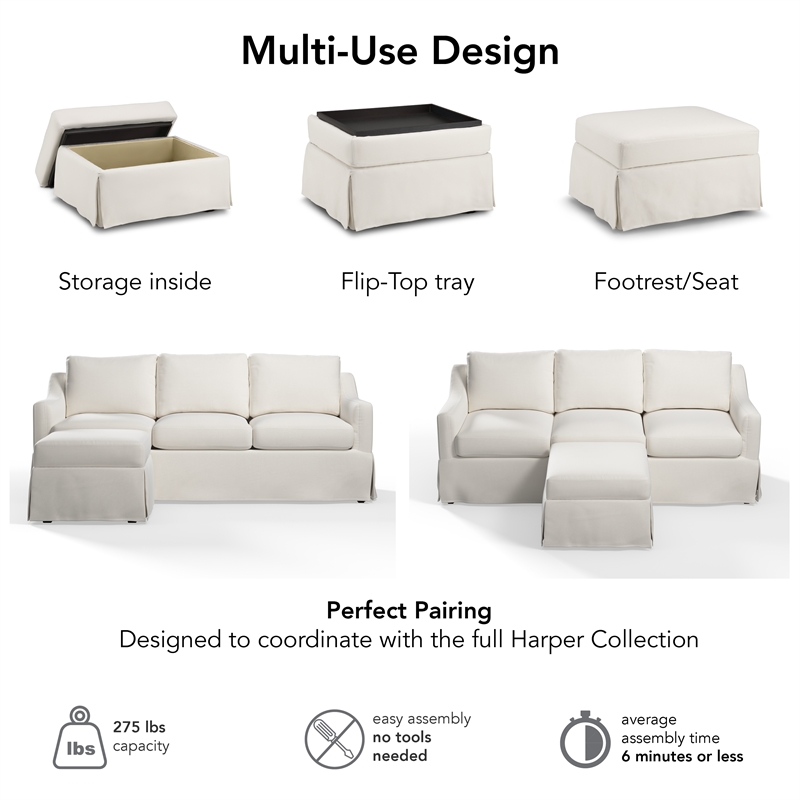 Harper Storage Ottoman with Tray and Slipcover - Ivory Basketweave Fabric