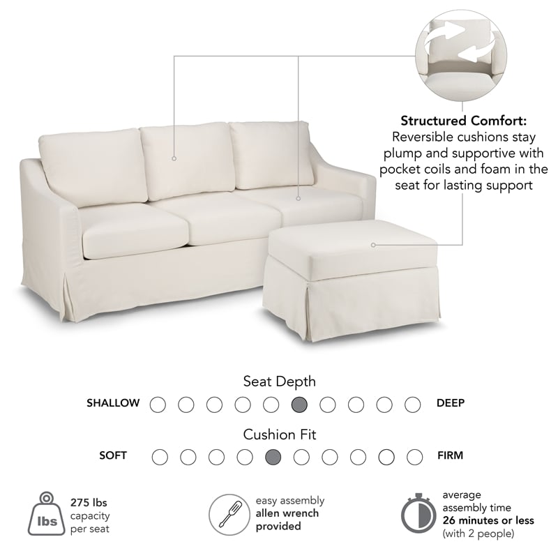 Harper 80W Sofa and Storage Ottoman with Slipcovers - Ivory Basketweave Fabric
