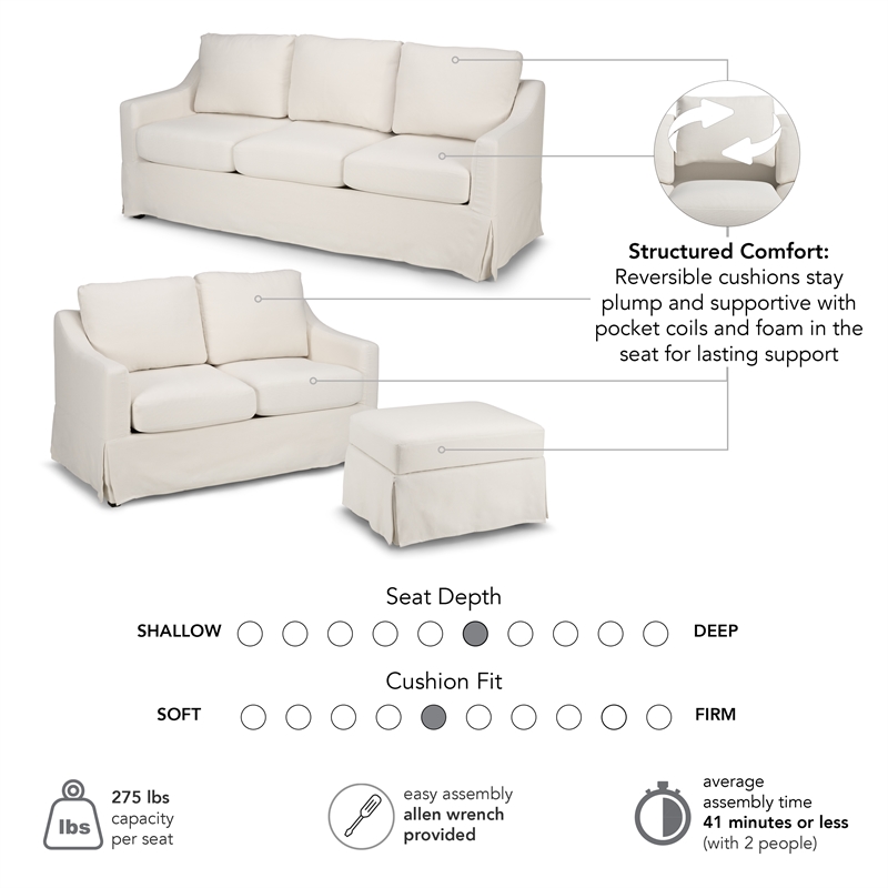 Harper 80W Sofa with 57W Loveseat and Ottoman with Slipcovers - Ivory Fabric