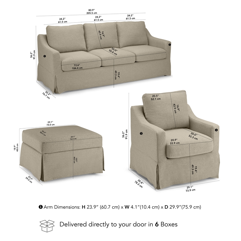 Harper 80W Sofa with Swivel Chair and Ottoman with Slipcovers - Sand Fabric