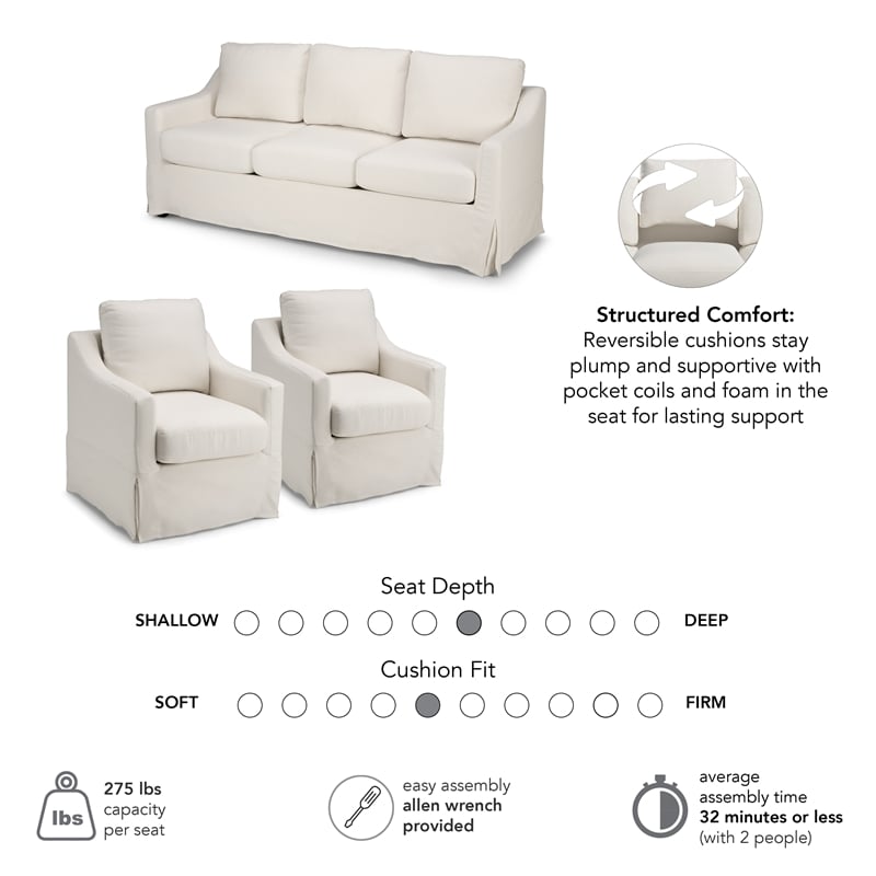Harper 80W Sofa and 2 Swivel Accent Chairs with Slipcovers - Ivory Fabric