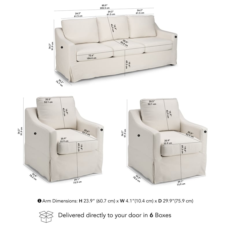 Harper 80W Sofa and 2 Swivel Accent Chairs with Slipcovers - Ivory Fabric