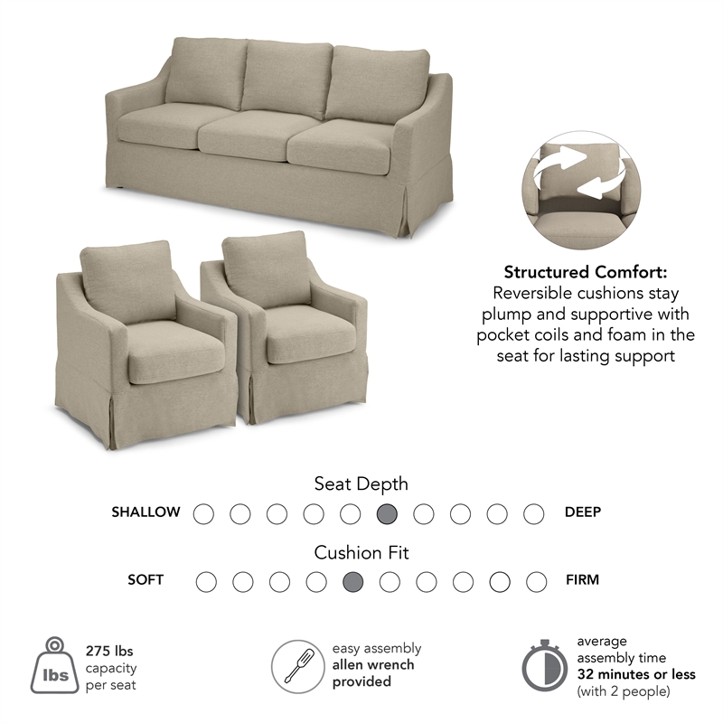 Harper 80W Sofa and 2 Swivel Accent Chairs with Slipcovers - Sand Fabric