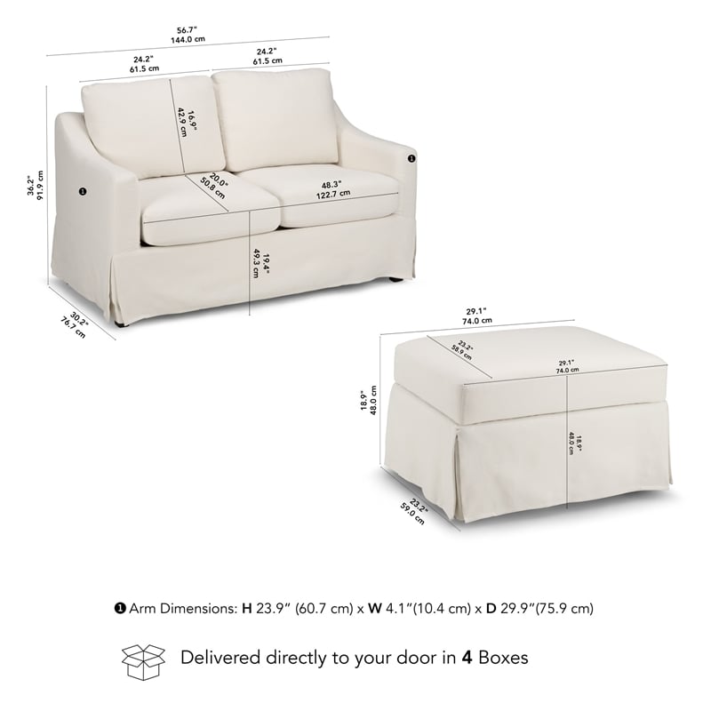 Harper 57W Loveseat & Storage Ottoman with Slipcovers - Ivory Basketweave Fabric