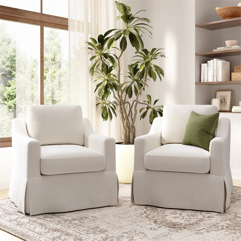 Harper Swivel Accent Chairs with Slipcovers-Set of 2 - Ivory Basketweave Fabric