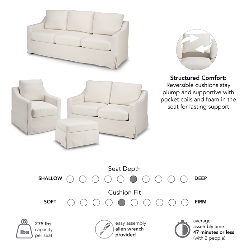Harper 80W Sofa with Loveseat & Chair and Ottoman with Slipcovers - Ivory Fabric