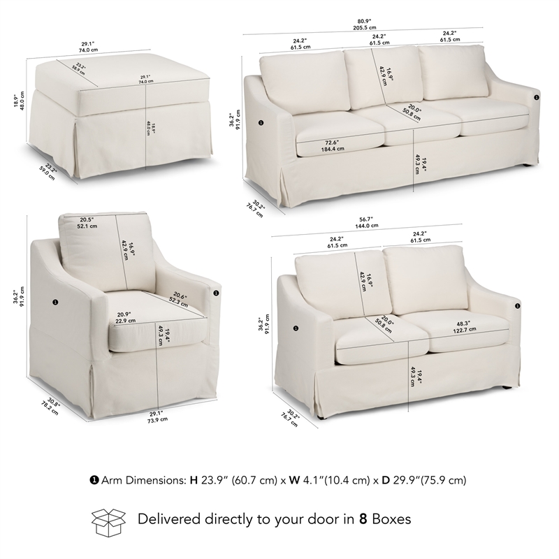 Harper 80W Sofa with Loveseat & Chair and Ottoman with Slipcovers - Ivory Fabric
