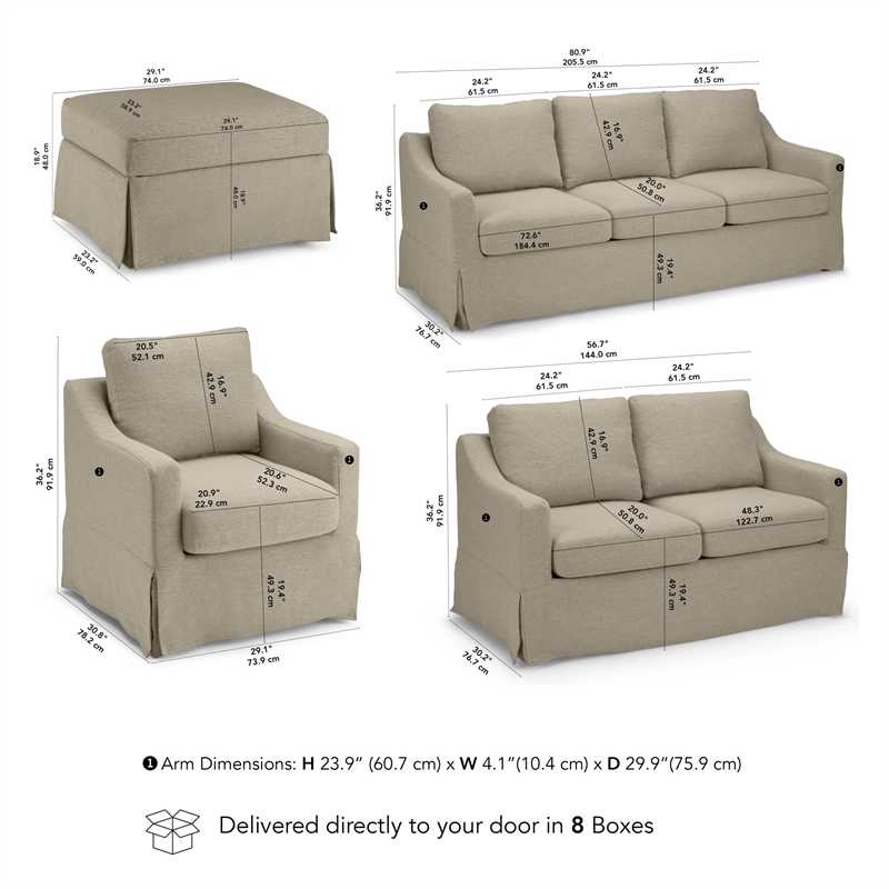 Harper 80W Sofa with Loveseat & Chair and Ottoman with Slipcovers - Sand Fabric