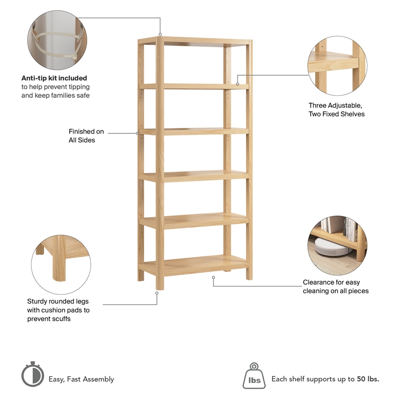 Bush Home Vera 5 Shelf Bookcase in Natural White Oak