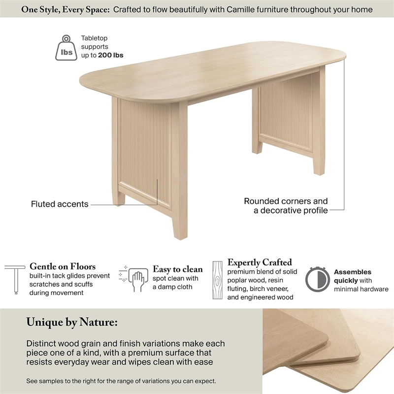 Bush Home Camille 71W Fluted Base Dining Table in Natural Birch