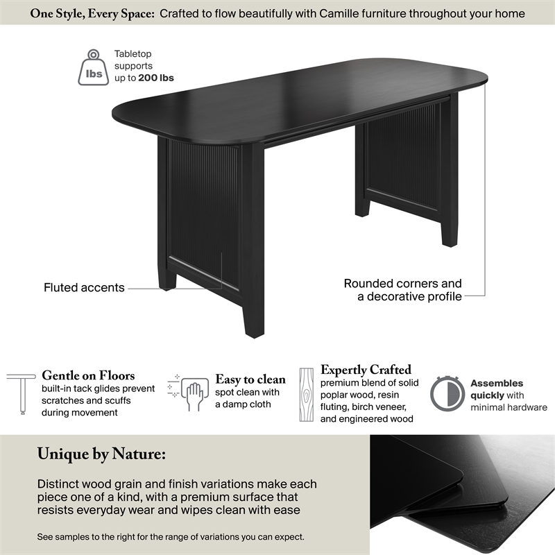 Bush Home Camille 71W Fluted Base Dining Table in Onyx Birch