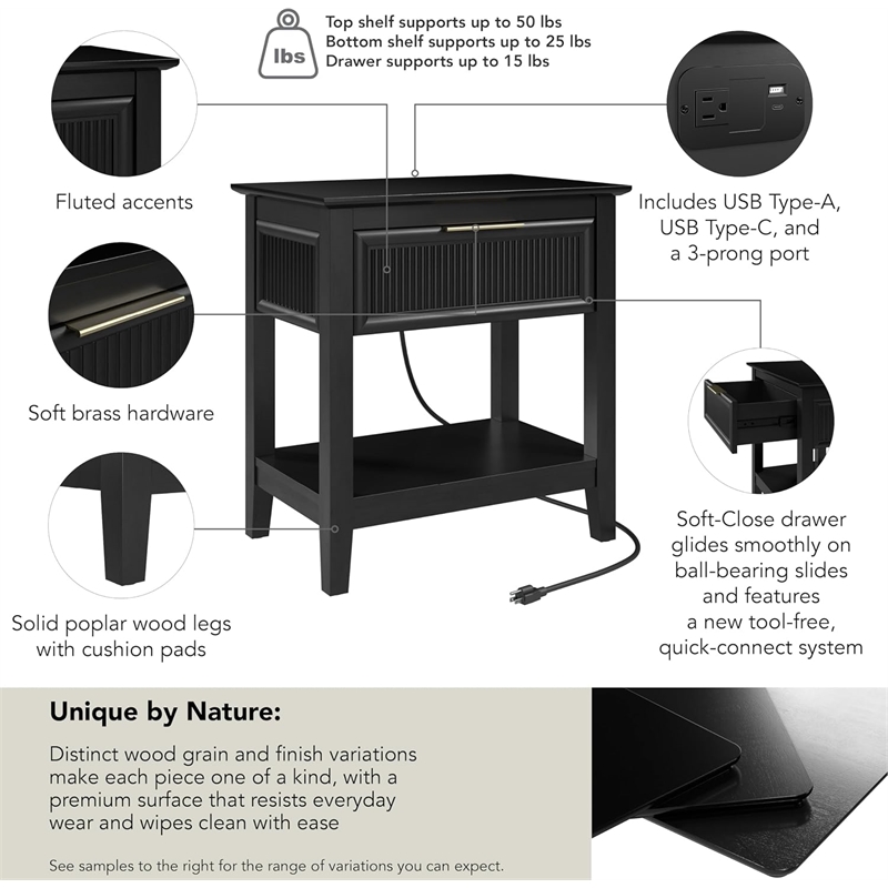 Bush Home Camille Fluted End Table with Drawer in Onyx Birch