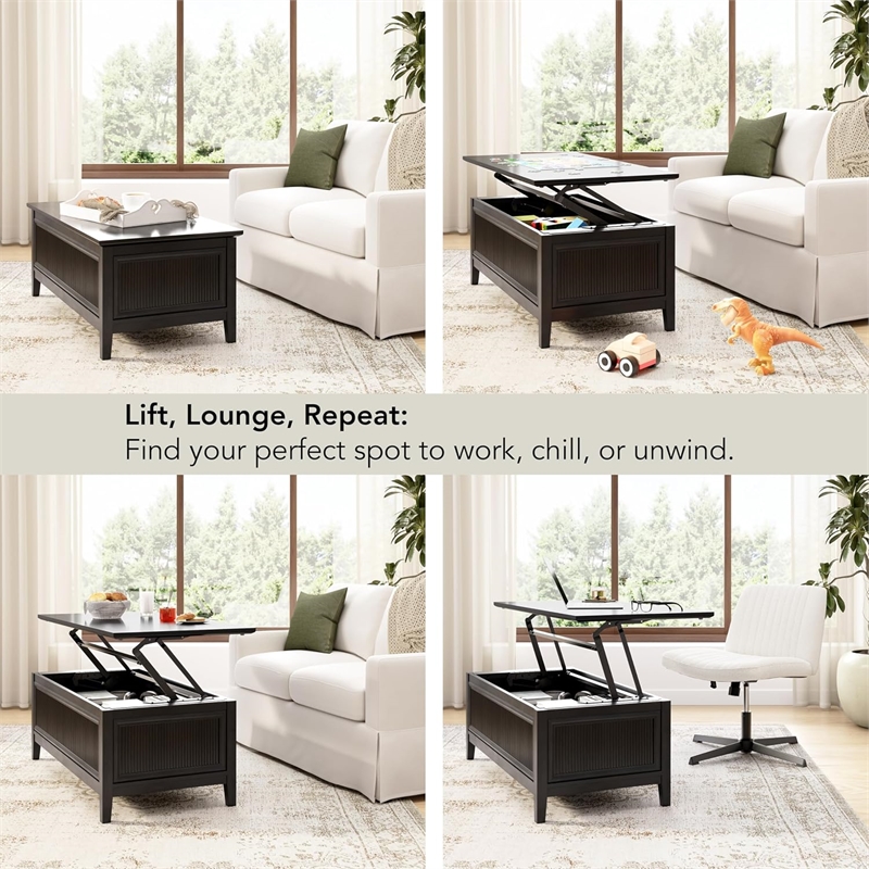 Bush Home Camille 47W Fluted Lift Top Coffee Table with Storage in Onyx Birch