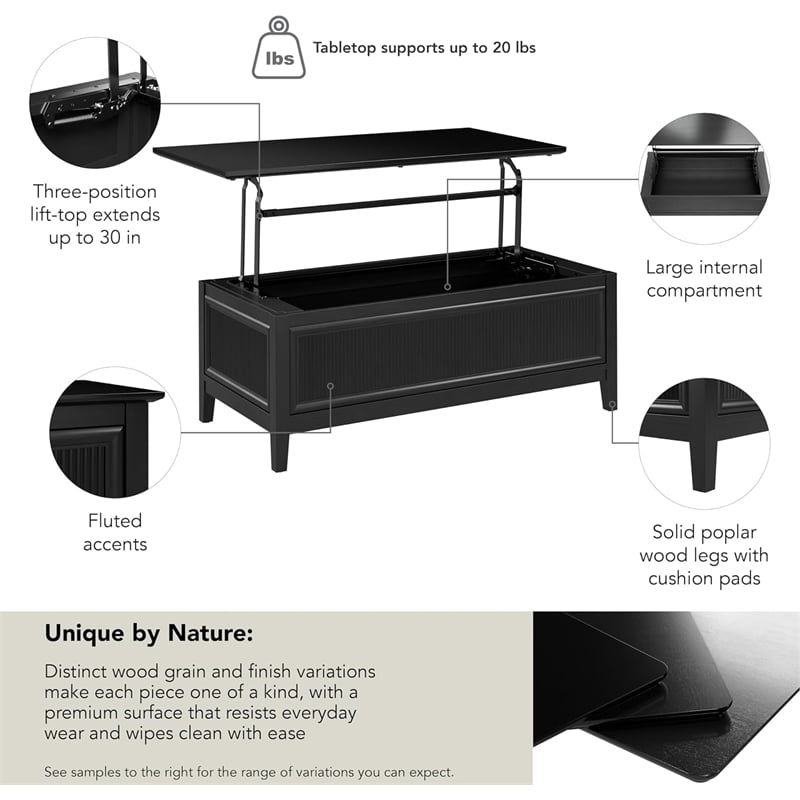 Bush Home Camille 47W Fluted Lift Top Coffee Table with Storage in Onyx Birch