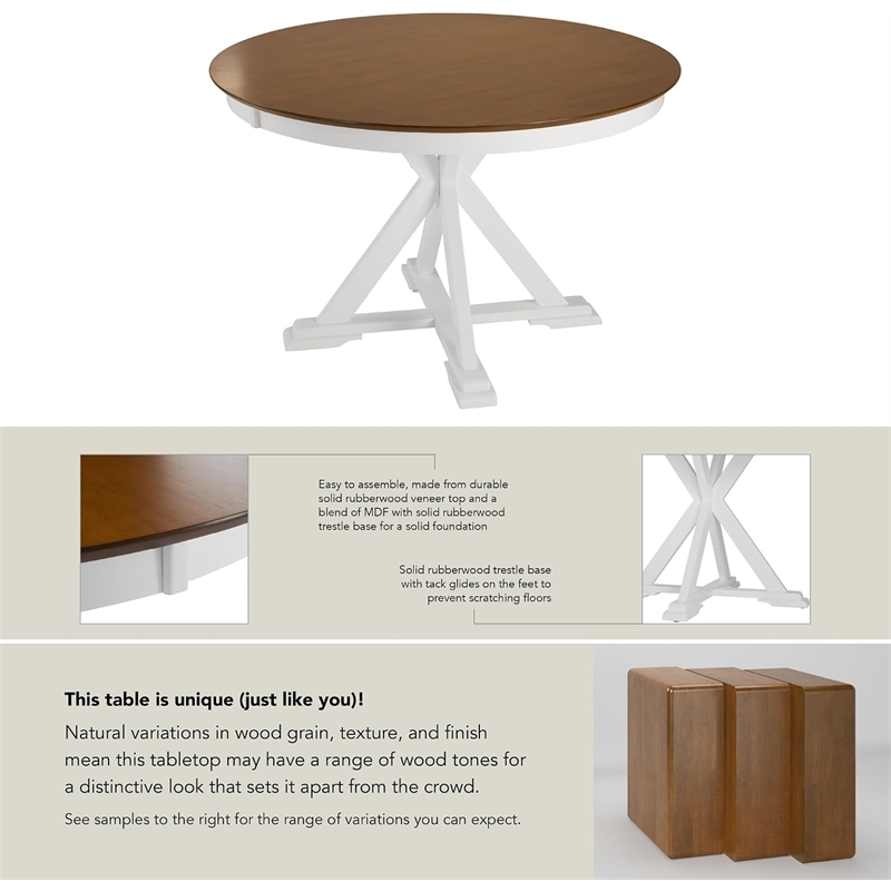 Bush Home West End 45W Round Trestle Dining Table in Burnished Brown & White