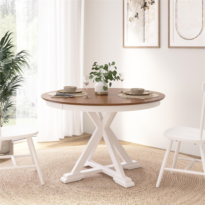 Bush Home West End 45W Round Trestle Dining Table in Burnished Brown & White