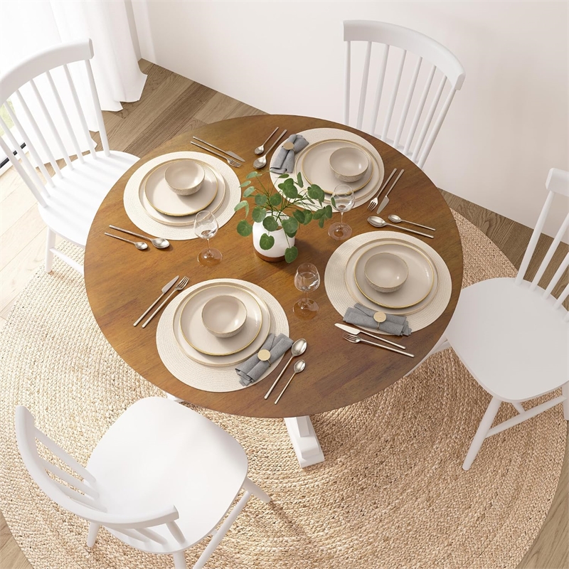 Bush Home West End 45W Round Trestle Dining Table in Burnished Brown & White